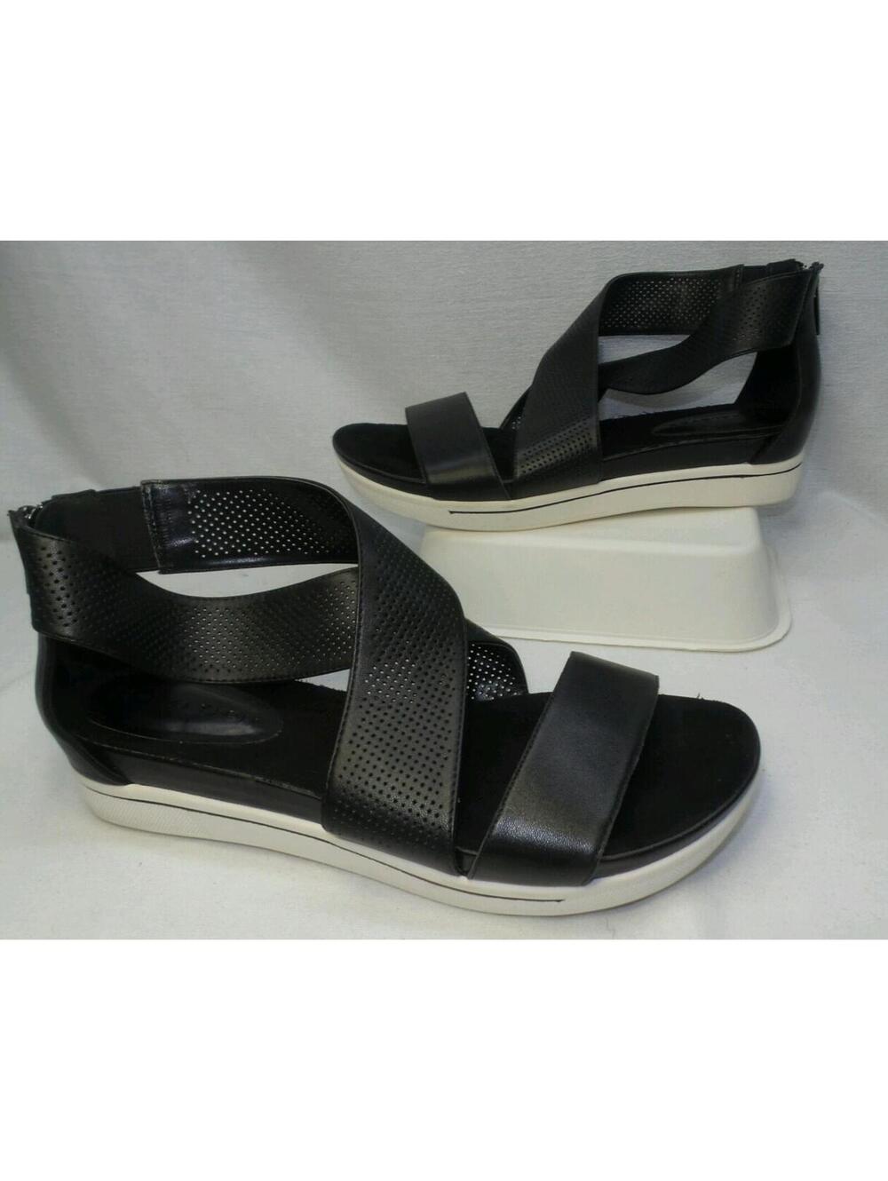 NEW H by Halston Leather Sandals With Perforated Straps - PEYTON BLACK Size 11M